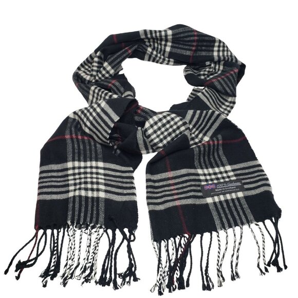 100% Cashmere Plaid Fringe Scarf Made in Scotland, Black - Picture 1 of 3